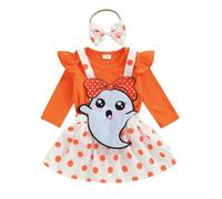 Infant Baby Girls Halloween Romper Skirt 3pcs Outfits Set Long Sleeve Ruffle Shoulder Bodysuit Onesies Suspender Pumpkin Ghost Skirt Headband Girls All Saints Day Clothes (Orange, 12-18 Months)