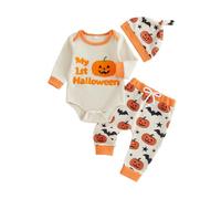 Infant Boy Halloween Outfits Long Sleeve Pumpkin Romper with Pants Hat | Round Neck, Ghost Print, Bottom Snap Closure, Make Your Little pumpkin the Cutest Guest at Any Spooky Season Party or Event