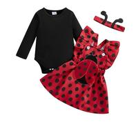 Infant Girl Fall Outfits Baby Girl Romper Cartoon Bee Ruffle Suspender Skirt Bow Headband 3 Pcs Set 0-18 Months (Red, 12-18 Months)