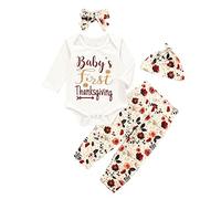 Infant Girls Long Sleeve Thanksgiving Day Cartoon Tops Flower Prints Pants Hat Headbands 4PCS Outfits Clothes Set Welcome Home Baby Set (White, 6-12 Months)