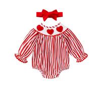 Infant Girls Long Sleeve Valentine's Day Striped Heart Print Pullover Romper Bodysuit Toddler Princess Dress Red Party Tartan Dresses Green Valentine's