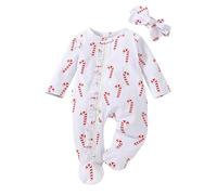 Infant Girls Ruffles Long Sleeve Candy Cane Printed Romper Newborn Bowknot Ribbed Bodysuits Headbands Outfits Overalls for Baby Girls