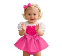 Infant Girls Short Sleeve Bowknot Romper Newborn Bodysuits Dress Headbands Set Bubble Sleeve Heart One Piece Jumpsuit Soft Cute Outfit for Tiny Baby Girl Comfortable Playsuit
