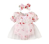 Infant Girls Short Sleeve Prints Romper Newborn Bodysuits Dress Headbands Set Bubble Sleeve Lace Cherry Mesh One Piece Jumpsuit Soft Cute Outfit for Tiny Baby Girl Comfortable Playsuit