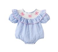 Infant Girls Short Sleeve Prints Romper Ruffles Newborn Bodysuits Clothes Bubble Sleeve Bowknot Embroidery One Piece Jumpsuit Soft Cute Outfit for Tiny Baby Girl Comfortable Playsuit
