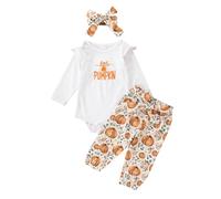 Infant Halloween Outfit Baby Girl Outfits 6-9 Months Infant Toddler Girls Cartoon Pumpkin Ghostface Embroidery Printing Long Sleeve Romper Tops Trousers Headband 3 Children's(White, 0-3 Months)