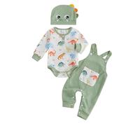 Infant Newborn Baby Boy Spring Fall Waffle Outfits Clothes 3Pcs Pants Sets Dinosaur Print Long Sleeve Romper with Overalls Long Pants and Hat 3Pcs Set 0-18 Months (Green, 3-6 Months)