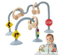 Infant Relief Sensory Toys for Babies 0 3 4 6 12 Months, Suction Cup High Chair Toys for Toddlers, Silicone Travel with Car Wooden Ring for Traffic Cognition Enlightenment Gifts