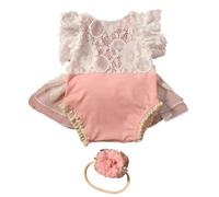 Infant Ruffle Trim Bow Lace Detail Headband with Matching Jumpsuit Outfit Props for Photoshoots and Celebrations