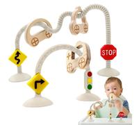 Infant Teething Relief Sensory Toys for Babies 0 3 4 6 12 Months, Suction Cup High Chair Toys for Toddlers, Chew Travel Teether with Car Wooden Ring for Traffic Cognition Enlightenment Gifts, Beige