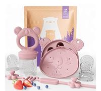 Infatot® Baby Fruit Feeder & Freezer Tray Set, Silicone Teether Pacifier with Clip, Weaning Teething Toy, Infant Self Feeding Aid, BPA-Free Baby Essentials for Introducing Solids - Plum