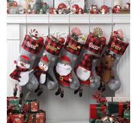 Infiher Personalised Christmas Stockings with Embroidered Name,Custom 3D Xmas Character Stocking 2 Pack 18” Large,Santa,Snowman & Reindeer Fireplace Hanging Burlap Plaid Grey Stockings
