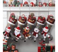 Infiher Personalised Christmas Stockings with Embroidered Name,Custom 3D Xmas Character Stocking 4 Pack 18” Large,Santa,Snowman,Reindeer & PenguinFireplace Hanging Burlap Plaid Grey Stockings