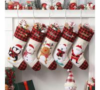 Infiher Personalised Christmas Stockings with Embroidered Name & Monogram,Custom 3D Xmas Character Stocking 1 Pack 18” Large,Santa,Snowman & Reindeer Fireplace Hanging Red Burlap Plaid Stockings(D)