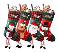Infiher Personalised Christmas Stockings with Embroidered Name & Monogram,Custom 3D Xmas Character Stocking 1 Pack 18” Large,Santa,Snowman & Reindeer Fireplace Hanging Red Burlap Plaid Stockings(E)
