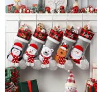 Infiher Personalised Christmas Stockings with Embroidered Name & Monogram,Custom 3D Xmas Character Stocking 4 Pack 18” Large,Santa,Snowman & Reindeer Fireplace Hanging Red Burlap Plaid Stockings(F)