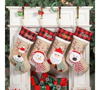 Infiher Personalised Christmas Stockings with Embroidered Name & Monogram,Custom 3D Xmas Character Stocking 3 Pack 18” Large,Santa,Snowman & Reindeer Fireplace Hanging Red Burlap Plaid Stockings(C)