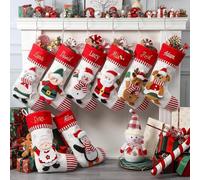 Infiher Personalised Christmas Stockings with Embroidered Name & Monogram,Custom 3D Xmas Character Stocking 1 Pack 18” Large,Santa,Snowman & Reindeer Fireplace Hanging Red Burlap Plaid Stockings(A)