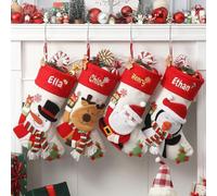 Infiher Personalised Christmas Stockings with Embroidered Name & Monogram,Custom 3D Xmas Character Stocking 4 Pack 18” Large,Santa,Snowman & Reindeer Fireplace Hanging Burlap Plaid Stockings(A)