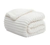 INFIIXSO Sherpa Fleece Queen Size Blanket - Striped Flannel Fleece Queen Size Throw Blanket for Bed All Season Use, Off White, 90x90 inches