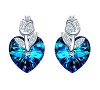 INFINIONLY Blue Crystal Heart Earrings Studs, Women's Girl's 925 Silver Earrings, Decorative elegant rose flower, Inlaid Zircon, Crystal Earrings Studs
