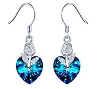 INFINIONLY Blue Crystal Heart Earrings Studs, Women's Girl's 925 Silver Earrings, Decorative elegant rose flower, Inlaid Zircon, Crystal Earrings Studs