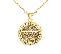 INFINIONLY Mens Stainless Steel Star Medallion Necklace Fashion Gold Round Pendant Coins for Teenagers Womens Vintage Carving Floral Necklaces with 55cm Chain Novelty Jewellery