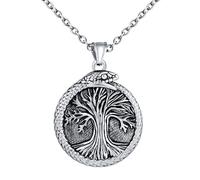 INFINIONLY Mens Womens Tree of Life Medallion Necklace Vintage Stainless Steel Tree Pendant Coins with Snake for Teenagers Creative Carving Floral Necklaces with 55cm Chain