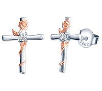 INFINIONLY Women's girl's Earrings Studs, 925 sterling silver earring stud, Rose gold flower entwined with silver cross earrings, Double color plating process, Elegant, Inlaid with shiny zircon