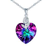 INFINIONLY Women's girl's Heart Crystal Necklace Pendant, Elegant 925 sterling silver necklace, Heart of the Ocean colored crystal pendant, with mini rose flower, 45cm chain, zircon, colorful