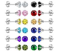 INFINIONLY Women's Girl's Stainless Steel Diamond Earrings Multi-Colours Sparkling 4mm Zirconia Studs for men Four Claw Solitaire Earrings 12 Pairs Earrings Set