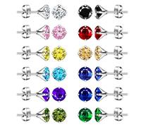 INFINIONLY Women's Girl's Stainless Steel Diamond Earrings Multi-Colours Sparkling 6mm Zirconia Studs for men Four Claw Solitaire Earrings 12 Pairs Earrings Set