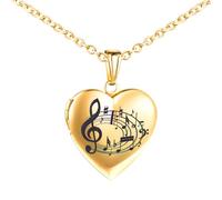 INFINIONLY Womens Girls Stainless Steel Heart Souvenir Photo Necklace Pendant Colourful Music Note Pattern Necklace Gold Personalised Locket, Photo can be Placed in The Pendant