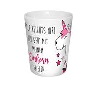 Infinite by Geda Labels 15905 'Einhorn Spielen' V-Shaped Porcelain Mug with German Language Caption / approx. 300 ml / 8.5 x 8.5 x 10 cm / White and Pink