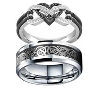 Infinite Love Heart Shaped Ring Set for Her and Him Silver Celtic Dragon Ring Matching Lover Couple Rings for Wedding Bands Anniversary Engagement Promise Rings Bridal Sets, 5 UK, Metal