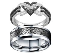 Infinite Love Heart Shaped Ring Set for Her and Him Silver Celtic Dragon Ring Matching Lover Couple Rings for Wedding Bands Anniversary Engagement Promise Rings Bridal Sets, Metal