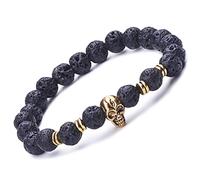 Infinite U Alloy Stretch Bracelet with Lava Stone Beads and Skull, Unisex, Therapeutic, Good for Yoga and Meditation, Black/Gold, 18cm, Rubber, Stone-Free, 18 cm, Rubber, without stone