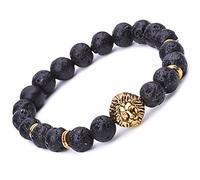 Infinite U Cool Unisex Womens Mens Lion Bracelet 9mm Beads Wrist Mala Alloy Lava Stone Stretch Bracelet, Therapy Yoga Meditation, Black-Gold
