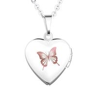 Infinite U Engraving Butterfly Pink Open Heart Photo Locket Stainless Steel Pendant Necklace for Girls/Women (Enable to Engrave Your Own Words)