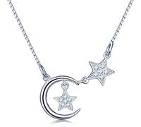Infinite U Fashion Crescent Moon Double Stars 925 Sterling Silver Cubic Zirconia Pendant Necklace Necklet for Women/Girls, Silver