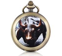 Infinite U Men's Mechanical Pocket Watch, Wall Street Charging Bull Mechanical Pocket Watch Photo, Locket Pendant, Roman Numerals White Dial, With long chain and short chain