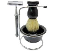 Infinitive Beauty Luxury 4-Piece Shaving Kit - Boar Bristle Brush, Chrome Double-Edge Safety Razor, Shaving Bowl & Razor/Brush Stand - Traditional Wet Shave Grooming Set for Men (Black)