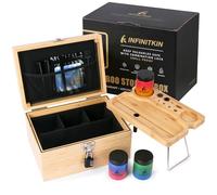 INFINITKIN Large Bamboo Storage Box with Combination Lock, Foldable Tray & Gradient Glass Jar - Wooden Smell Proof Box Perfect for Travel or Home Gifts