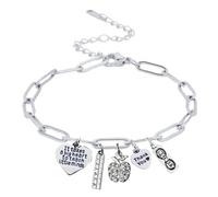 Infinity Collection Silver Stainless Steel Teacher Charm Bracelet - Adjustable Chain with It Takes a Big Heart Quote, Ruler, Apple, Thank You & Candy Charms - Appreciation Gift for Teachers