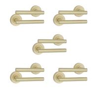 Infinity Decor 5 Sets of Straight T-Bar Door Pull Handles on Sprung Rose Lever Latch Pack in Satin Brass - Ideal for Interior and Exterior Doors