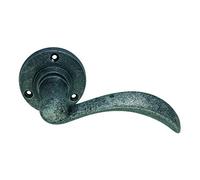 Infinity Decor Curved Cast Iron Door Handles On Round Rose Set Heavy Sprung in Pewter Finish