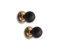 Infinity Decor Ebonised Beehive Mortice Rim Door Knobs Pair 55mm Aged Brass | Victorian Style Reeded Black Wooden Unsprung Door Pull Handle Set Suitable for Classic and Modern Interiors & Exterior Doors