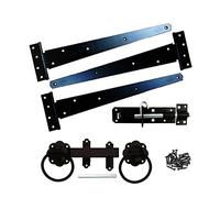 Infinity Decor Epoxy Black 18" (450mm) Tee Hinges (3) with Plain Ring Gate Latch and Brenton Bolt Pack - Wooden Garden Gate Fitting Kit for Barn, Shed Doors