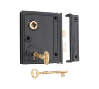 Infinity Decor Heavy Duty Vertical Iron Rim Lock Latch with Key Set - Traditional Black Surface Mounted Lock Security for Interior and Exterior Doors