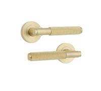 Infinity Decor Knurled Straight Lever Door Pull Handles on Sprung Rose Latch Pack - for Interior & Exterior Wooden Doors (Satin Brass)